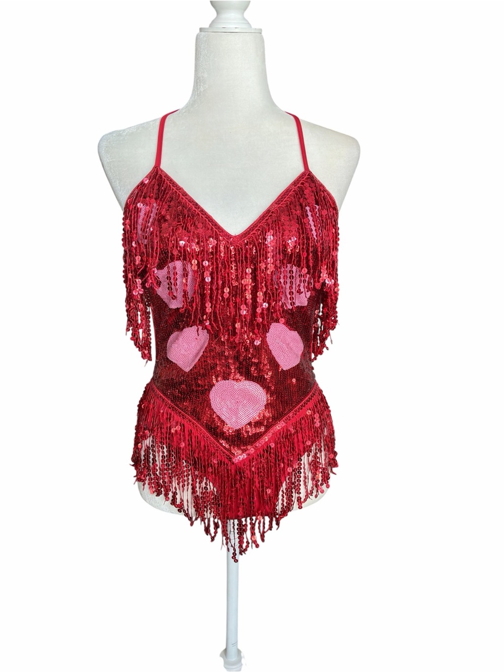 Red Sequin Fringe Heart  Halloween/costume bodysuit